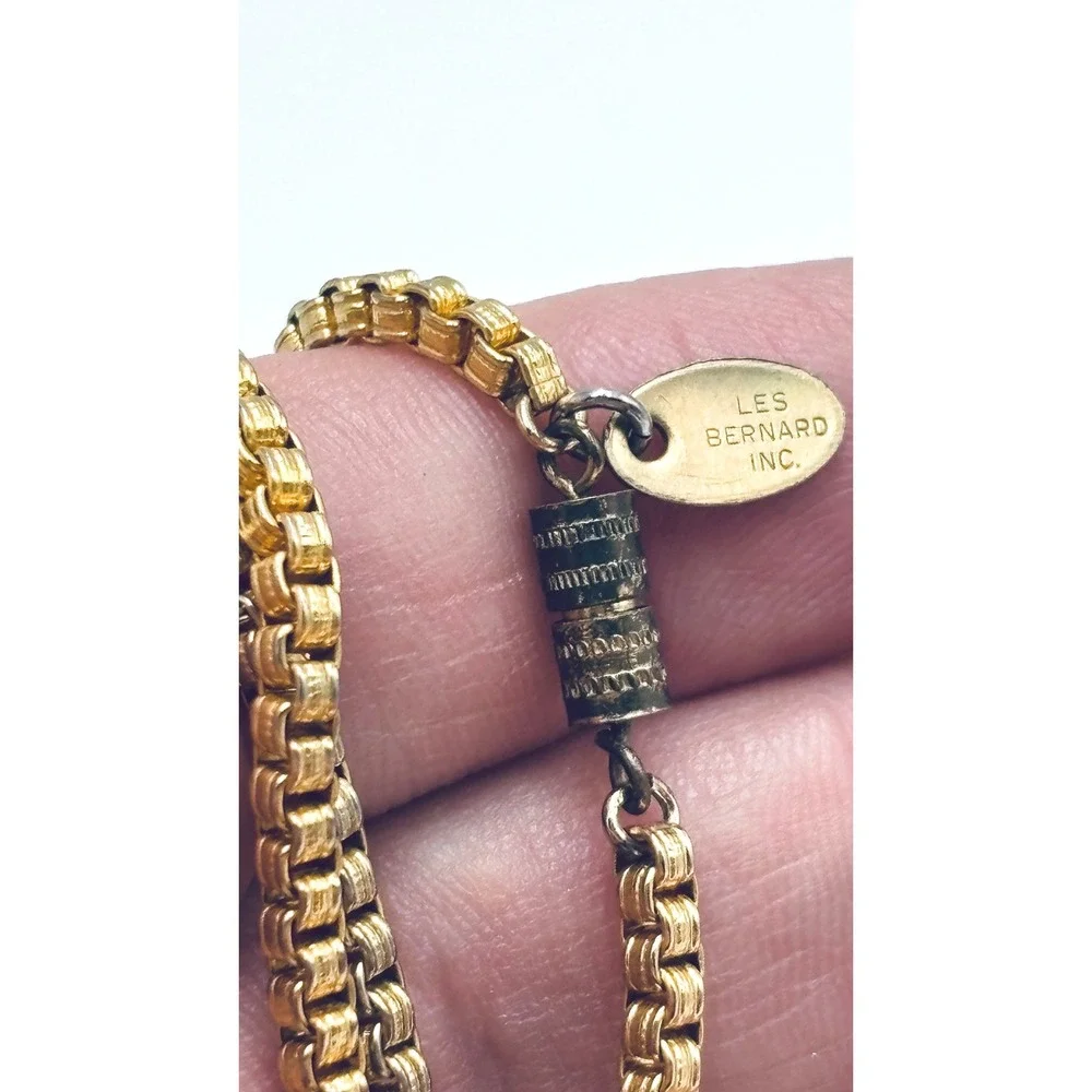 2 Les Bernard Inc Vintage Gold Tone Box Chain and Blue Enamel Necklace Set 2pc